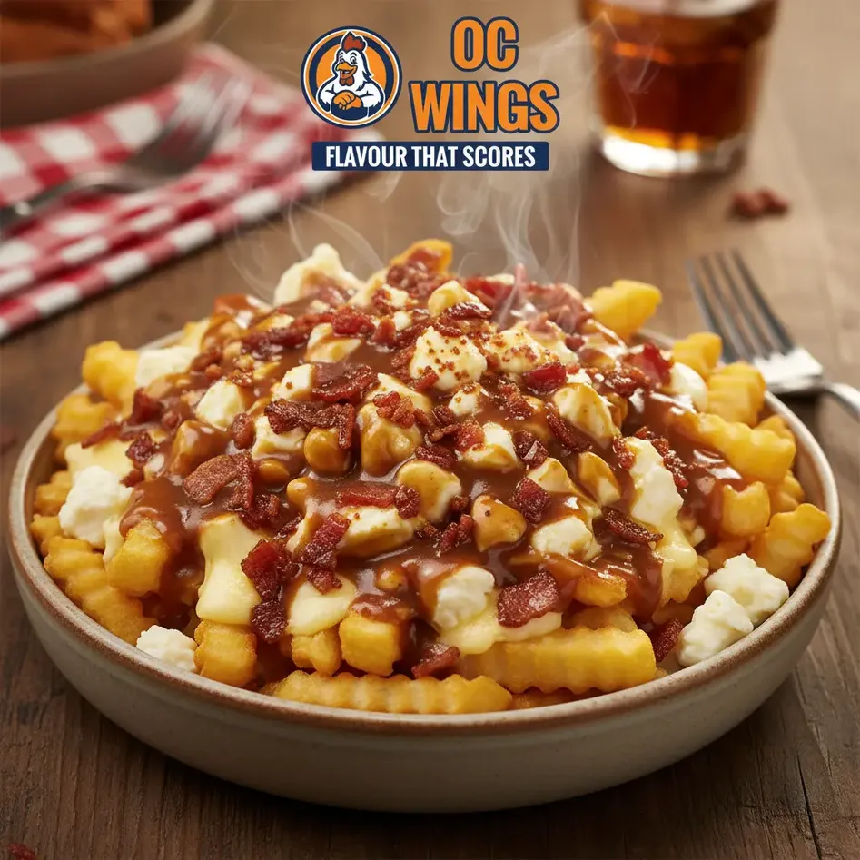 Bacon Bliss Poutine at OC WINGS Spruce Grove - crispy fries with bacon, beef gravy, and cheese curds