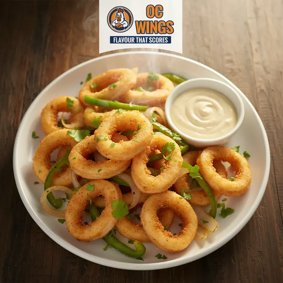 Hand-Breaded Calamari at OC WINGS Spruce Grove - crispy calamari with garlic aioli and vegetables
