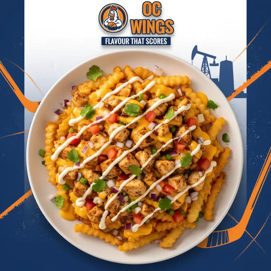 Powerplay Fries at OC WINGS Spruce Grove - loaded fries with cheese sauce, chicken, and toppings