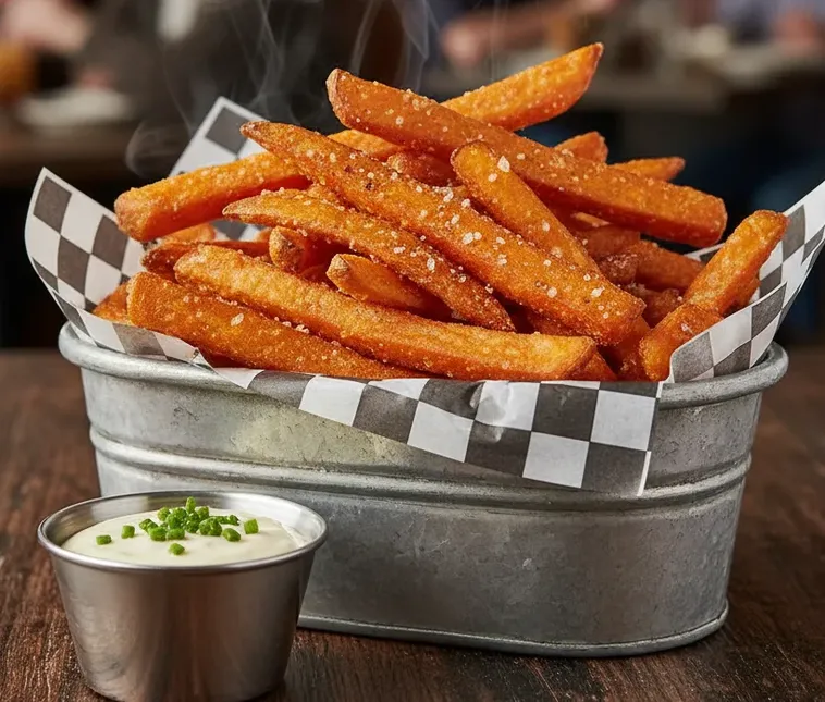 Sweet Potato Fries at OC WINGS Spruce Grove - crispy sweet potato fries with garlic aioli